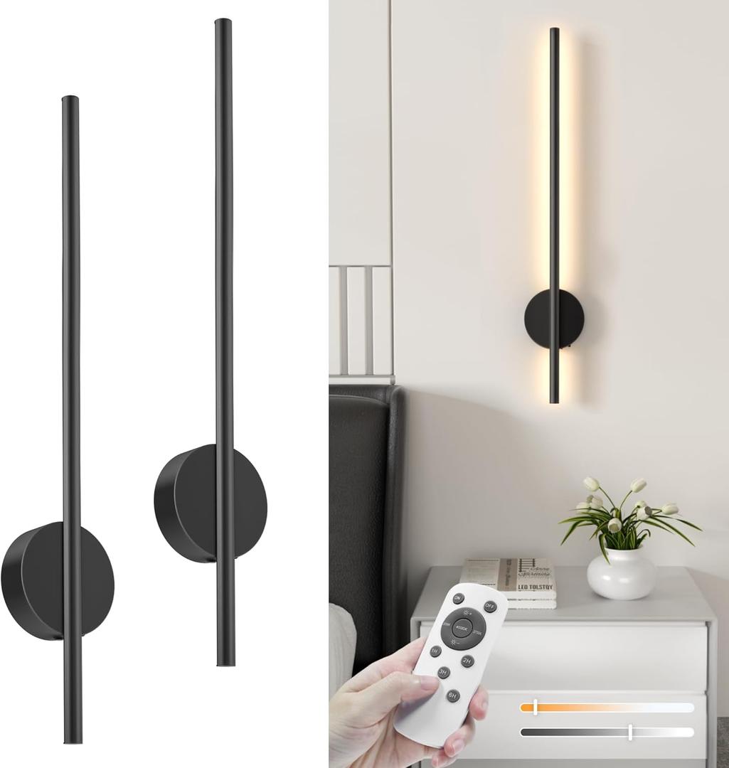NIORSUN 27.6 Inch Battery Operated Wall Sconce Set of 2, Black Minimalism Rechargeable Wall Lights with Remote, 3CCT Dimmable Wireless Wall Lamp for Living Room Bedroom Hallway