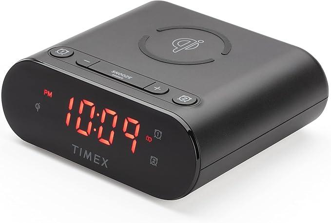 Timex Bedside Wireless Charging Dual Alarm Clock, with Large LED Display, Dimmer, Snooze bar and Battery Backup (TW300)- Perfect for Bedside Tables