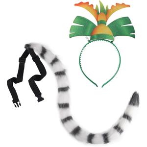 Roicaholy Lemur Ears and Tail Set, Lemur Costume Cosplay Accessory, Fluffy Faux Fur Tail Animal Ears Headband for Halloween Party