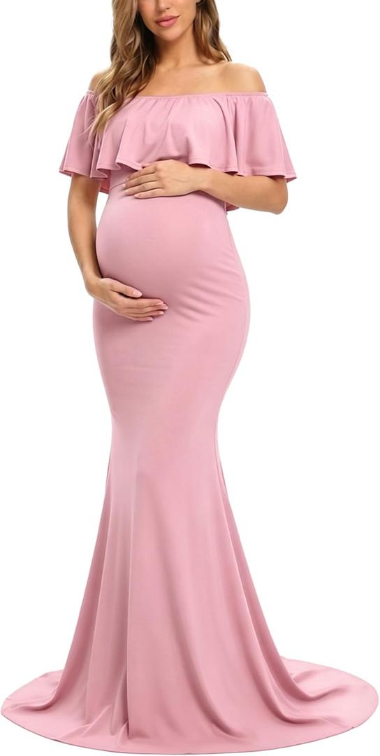 Glampunch Womens Off Shoulder Maternity Dress Ruffles Elegant Slim Gowns Fit Maxi Photography Dress, S