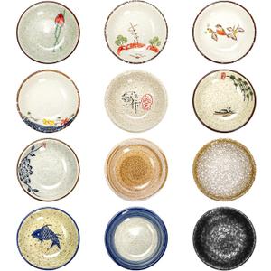 12 Pieces Japanese Sauce Dishes, 2 Oz Round Ceramic Side Dish Set, Small Seasoning Soy Dipping Bowl Plate for Sushi, Snack, Appetizer and Kitchen Prep, Assorted Color
