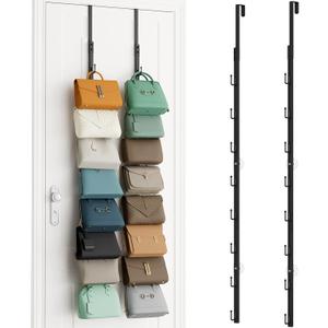 SWTYMIKI Over The Door Purse Organizer - 2 Packs Wall Mounted Purse Rack with 8 Hooks Design, Hanging Handbag Organizer Storage Holds up to 16 Bags, Bag Rack for Closet, Door (Black)