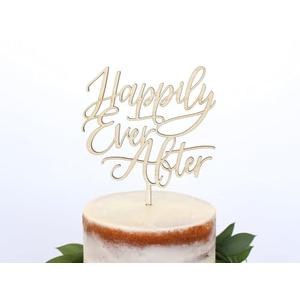 Wooden Happily Ever After Cake Topper- Script Cake Topper for Wedding,Engagement,Bridal Shower, Vow Renewal,Anniversary Party Decoration Supplies