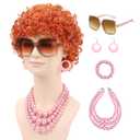 Women Short Curly Orange Red Wig with Sunglasses Pink Necklace Bracelet and Earrings for Party Cosplay Halloween Costume Wig
