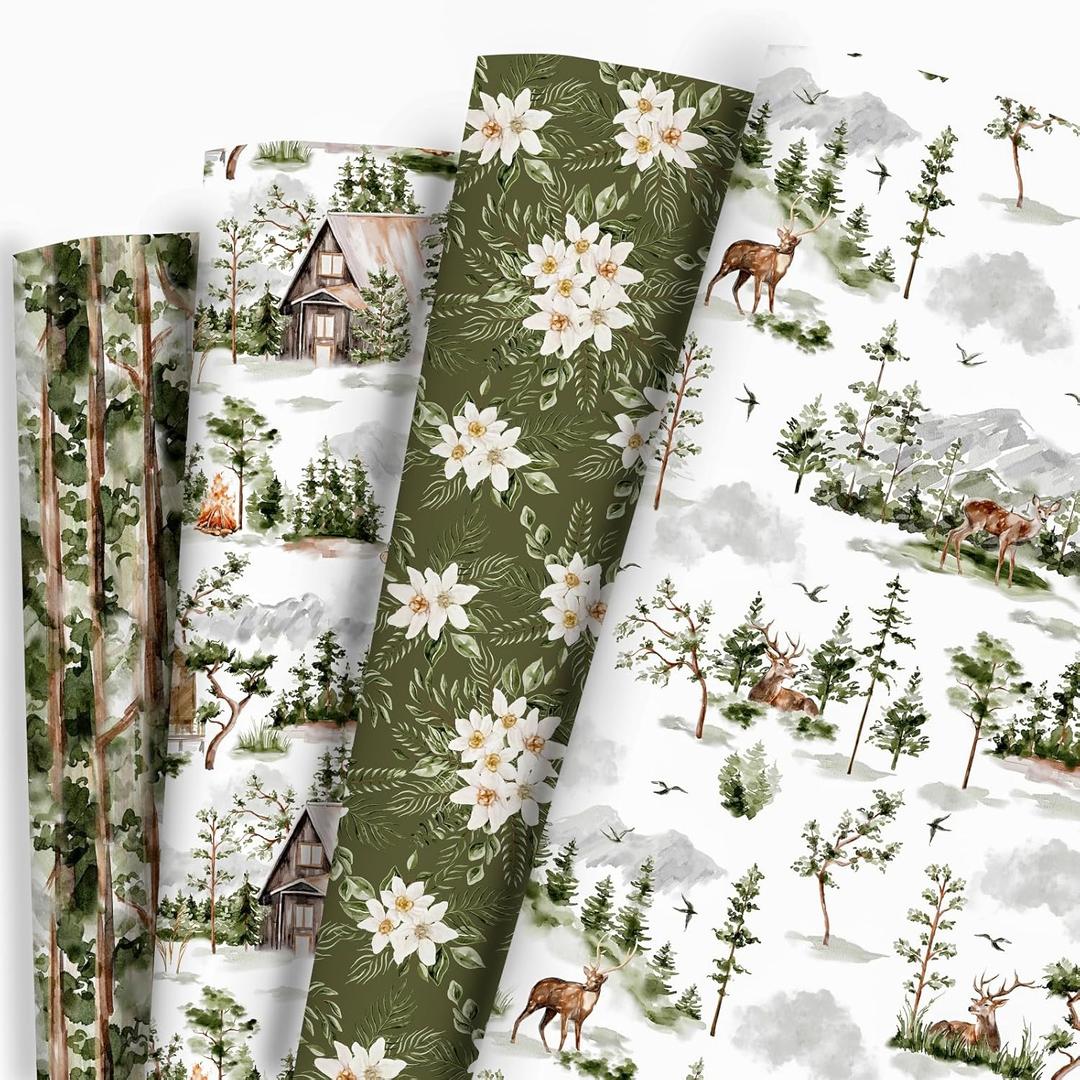 2 x Vnaaem Forest Wrapping Paper 4 Watercolor Holiday Style Gift Wrap Paper Bulk Christmas Tree for Christmas Winter Wedding Baby Shower - 20 X 28 Inches 8 Folded Sheet