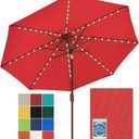 EliteShade USA 10-Year-Non-Fading 9ft Market Patio Umbrella, Commercial Grade Table Sun Umbrella with 80 Solar LED Lights, Crank Open, Windproof & UPF 50+ UV Protection for Garden, Deck, Pool, Backyard, Logo Red