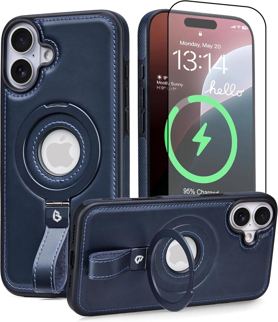 for iPhone 16 Plus Case Leather | iPhone 16 Plus Leather Case with Stand | Compatible with MagSafe with Magnetic Ring Grip Holder (Blue, IP16 Plus-6.7inch) for iPhone 16 Plus Case Leather | iPhone 16 Plus Leather Case with Stand | Compatible with MagSafe with Magnetic Ring Grip Holder (Blue, IP16 Plus-6.7inch)