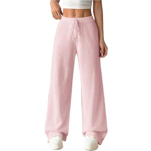 OYOANGLE Women's Ribbed Lounge Trousers Knit Comfy Drawstring Waist Straight Leg Pants (Medium, Pink)