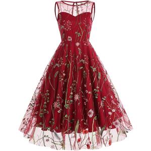 Women Keyhole Floral Embroidery Dress Sheer Mesh Illusion Vintage Cocktail Swing Dress Wedding Party Prom Tulle Evening Dress (X-Large, Red)