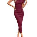 Floerns Women's Off The Shoulder Maxi Dress Bodycon Textured Formal Wedding Guest Dresses Burgundy X-Large