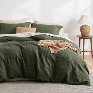 Bedsure Luxury Waffle Duvet Cover Queen Size - Textured Duvet Cover Set, Soft, Breathable Bedding Set (90"x90") with 2 Pillow Shams for All Season, Olive Green, Comforter Not Included