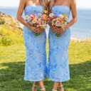 ZESICA Cocktail Wedding Guest Dresses for Women 2026 Summer Strapless Floral Bodycon Mesh Tube Formal Party Midi Dress (Blue, M)