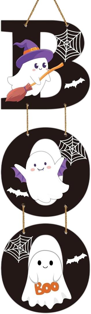3 x Halloween Door Decorations Halloween Wreath Cute Ghost Decor Boo Sign Bat Spider Web Wooden Front Door Hanger Ghost Hanging Sign Wreath for Wall Indoor Home Decor