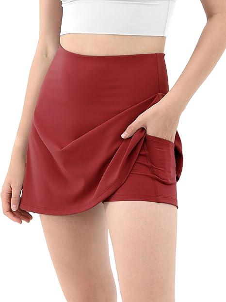 ODODOS Women's Athletic Tennis Skorts with Pockets Built-in Shorts Golf Active Skirts for Sports Running Gym Training, S, Carmine Red