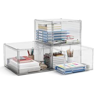 3 Packs Plastic Stackable Storage Drawers, Clear Desktop Drawer Organizers, 3 Drawer Storage Organizer, Make up Organizer with Drawers, Arcylic Drawers Organizer for Office Supplies, School, Home