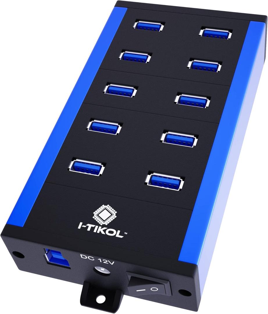 10 Ports Powered USB 3.0 Hub - 5Gbps High-Speed Expander With 12V 5A 60W 2.4mA Power Adapter - Aluminum Alloy Multiple Port Splitter for Laptop, Phone, Tablet, PC