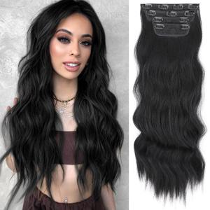 Vigorous Clip in Hair Extensions 4Pcs Black Hair Extension 24 Inch Long Wavy Soft Synthetic Hairpieces for Women