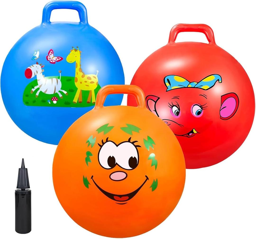 Bouncy Balls with Handle for Kids, Ride On Toys Balls for Kids 3 4-8, 3 Pack Hopper Ball 18 Inch Size with Air Pump for Kids Jumping Sports Ride Games Balance Exercise Indoor Outdoor Fun (Red+orange+blue)