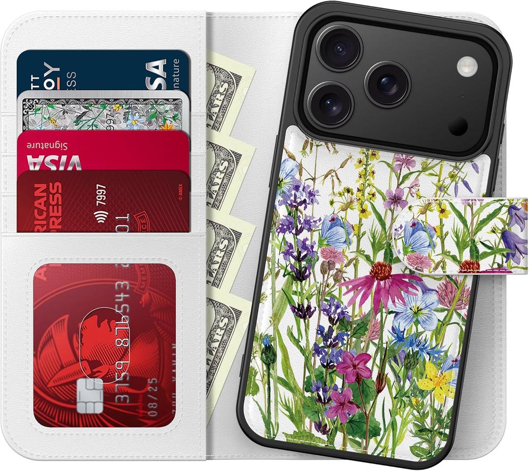 LUHOURI for iPhone 17 Pro Max Case Wallet - Wireless Charging Compatible Detachable Flip Folio Leather Cover - RFID Blocking 4 Card Slots - Protective Phone Case for Women - Blooming Wildflowers