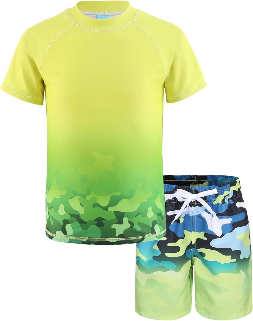 Boys Rash Guard Swimsuits Set for Boys 2 Piece Short Sleeve Swim Shirts Quick Dry Bathing Suits with Trunks (8-10 Years, Yellow Camo Surfing)