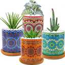 Yesland 4 Pack Succulent Plant Pots with Bamboo Tray, 3 Inch Ceramic Mandalas Pattern Cylinder Planter & Flower Pots with Drainage Hole, for Flowers, Cactus, Home, Garden, Office Decoration