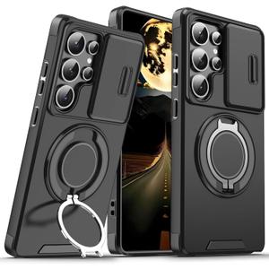 for Samsung Galaxy S24 Ultra Case with Magnetic Ring Kickstand Camera Cover, Heavy Duty Military Shockproof Rugged Full Bumper Protection Cover for Samsung S24 Ultra 5G Phone Case Shell (Black)