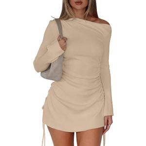 BEAGIMEG Women's Sexy Bodycon Long Sleeves Flared Sleeves One Shoulder Side Split Ruched Club Party Mini Dress (Medium, Khaki)