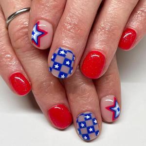 4th of July Press on Nails Short Square Fake Nails Independence Day False Nails with Blue Plaid Design Red White Blue Stars Patriotic Stick on Nails Glossy Red Glue on Nails for Women DIY Manicure