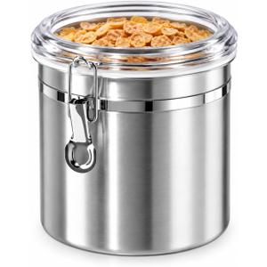 Oggi Stainless Steel Kitchen Canister 152 fl oz - Airtight Clamp Lid, Clear See-Thru Top - Ideal for Kitchen Storage, Food Storage, Pantry Storage. Jumbo Size 8" x 8"., 152 Fluid Ounces