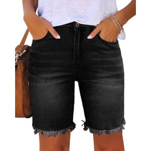 Utyful Women Summer Frayed Ripped Bermuda Shorts Distressed Denim Jeans Short (Medium, Raw Hem-black)