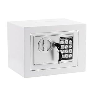 Small Electronic Safe Box With Digital Keypad & Keys - 9.05 x 6.7 x 6.7 Inches Wall Safe 0.23Cuft Mini Security Box for Coin Home Office Hotel Rooms Business Jewelry (White)