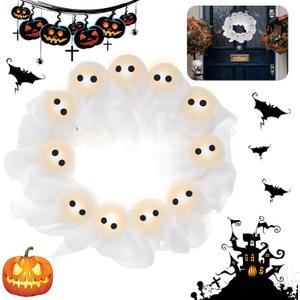 Light-Up Halloween Ghost Wreath, 12 Glowing White Spooky Halloween Wreaths for Front Door, Outdoor & Indoor Hanging Decoration for Wall Door, Halloweens Decor