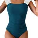 B2prity Womens One Piece Swimsuit Retro Square Neck Tummy Control Bathing Suits Ruched Modest Full Coverage Swimwear Peacock Green,White Medium