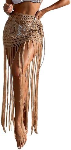 Milumia Women's Crochet Swimwear Cover Up Skirt High Waisted Fringe Hem Beach Skirts M