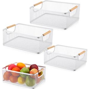 Rtteri 4 Pack White Metal Wire Basket with Wood Handle 2 Size Large Metal Mesh Basket Stackable Wire Storage Bin for Pantry Food Snacks Storage Kitchen Organizing