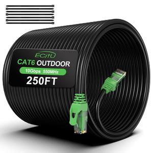 250FT Cat6 Outdoor Ethernet Cable, In-Ground, Heavy Duty Direct Burial, 24AWG CCA Patch Cord for Laptops, PCs, Routers, Printers, Surveillance Camera, PoE, UTP Cat 6 Internet Cable with 25 Cable Ties