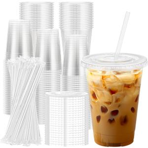 Lamosi 100 Pack 16 oz Clear Plastic Cups with Lids and Straws, Disposable Plastic Coffee Cups with Lids for Iced Coffee, Cold Beverages, Smoothies and To-Go Drinks