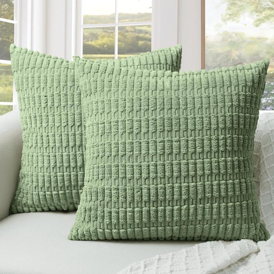 Softalker Throw Pillow Covers 18x18 Inch, Set of 2, Corduroy Soft Striped Farmhouse Boho Pillow Cover, Modern Decorative Cushion Pillow Case for Couch Sofa Bedroom Living Room(Sage Green)