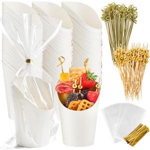 Ocmoiy Disposable Charcuterie APPETIZER CUPS with Sticks and Bags - Kraft Paper, 14 oz, White - 50 Cups, 200 Picks, 50 Bags