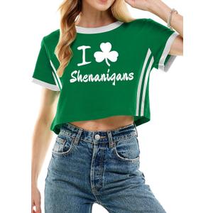 St Patricks Day Shirt Women Luck Shamrock Shirts Cute Saint Patricks Day Crop Top Irish Raglan Shirt (Green, L)