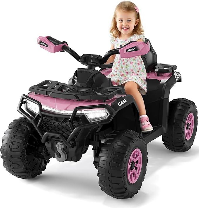 12V Kids Ride On ATV Car w/Parent Remote Control, Spring Suspension, LED Lights, Bluetooth, USB, Music, Early Education, Volume Control, OffRoad 4 Wheeler w/LED Flag for Boys & Girls Ages 3+
