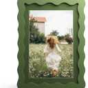 5x7 Picture Frame with Mat for 4x6, Wavy Edge Wooden Real Glass Photo Frame for Tabletop and Wall Hanging, Green, 1 Pack