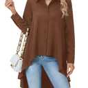 OPOIPIN Women's Button Down Shirt Asymmetrical High Low Hem Blouse V Neck Long Sleeve Tunic Tops Brown Small (S)