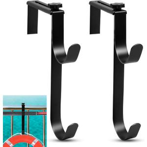 2Pcs Adjustable Pool Pole Hanger, Double Pool Hooks for Poles, Mental Pool Fence Hooks for Hanging Pool Equipment Hooks, Pool Pole Hooks for Pool Skimmer Pole Pool Hose, Wall Pool Tool Holder (Black)