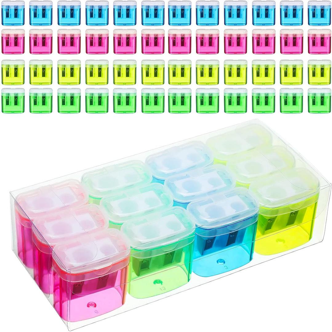 Tenare 48 Pieces Back to School Pencil Sharpeners Manual Double Hole Pencil Sharpener with Lid Hand for Home School Office, Handheld Plastic Crayon Grinder, Pink, Yellow, Green, Blue
