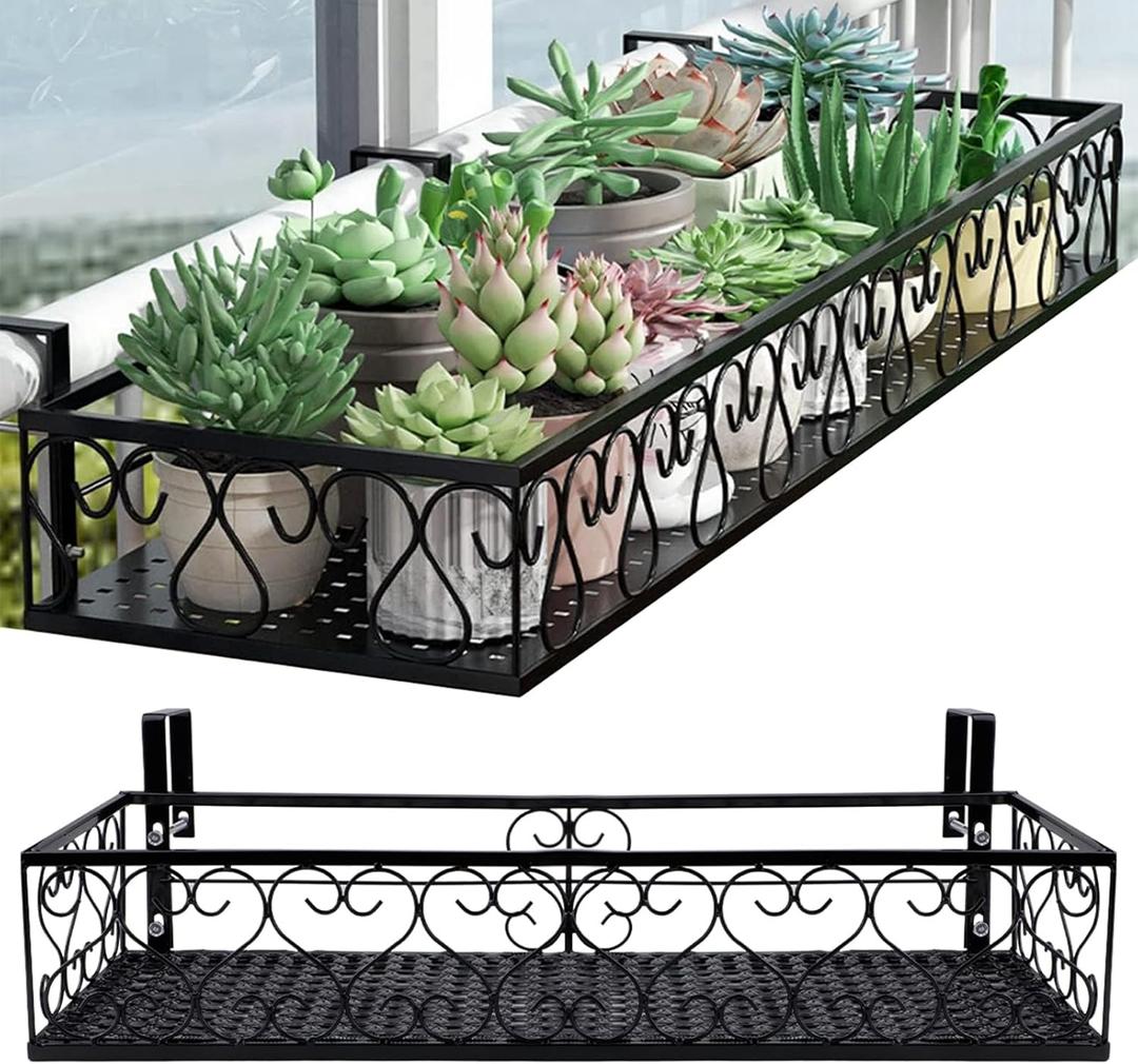 Hanging Railing Planter with Hooks, Iron Hanging Planter Holder, Balcony Plant Holder Railing Shelf Fence Hanging Flower Bucket for Outdoor Garden Window Porch Patio (23.6 x 7.8 x 4.7 Inch)