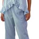 Argeousgor Women Plaid 2 Piece Pajama Set Button Down Puff Sleeve Babydoll Shirt Gingham Pants Pj Lounge Set Sleepwear (Large)