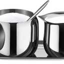 Creamer and Sugar Bowl Set Stainless Steel Latte Milk Cup Cream Jug and Sugar Bowl with Lid Spoon Tray for Coffee Serving Set Frothing Milk