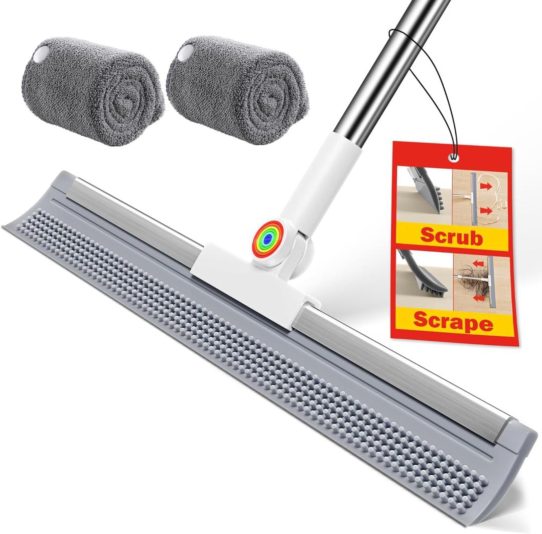 Floor Squeegee for Concrete Floors, 180 Rotating Silicone Broom, Squeegee for Floor with Long Handle and Textured Squeegee Design, Water and Pet Hair Remover for Bathroom Floors, Tile, Deck and Glass (16in | 4-Section Pole (62in) | 2 Pads)