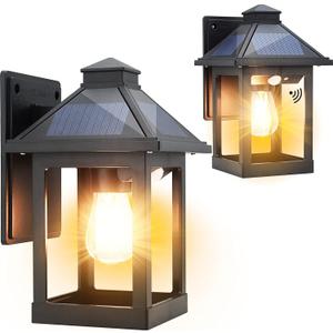 2 Pack Solar Wall Lanterns Outdoor with 3 Modes, Dusk to Dawn Motion Sensor LED Sconce Lights IP65 Waterproof, Exterior Front Porch Security Lamps Wall Mount Patio Fence Garage Decorative